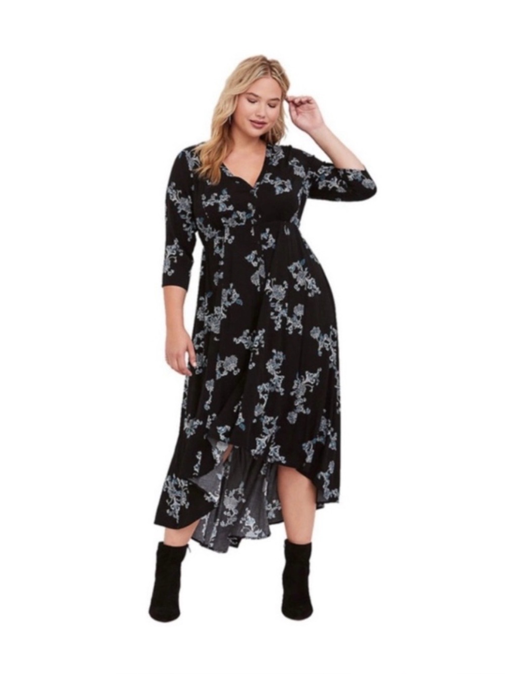 torrid Black Floral High-Low Maxi Dress with Blue Accents